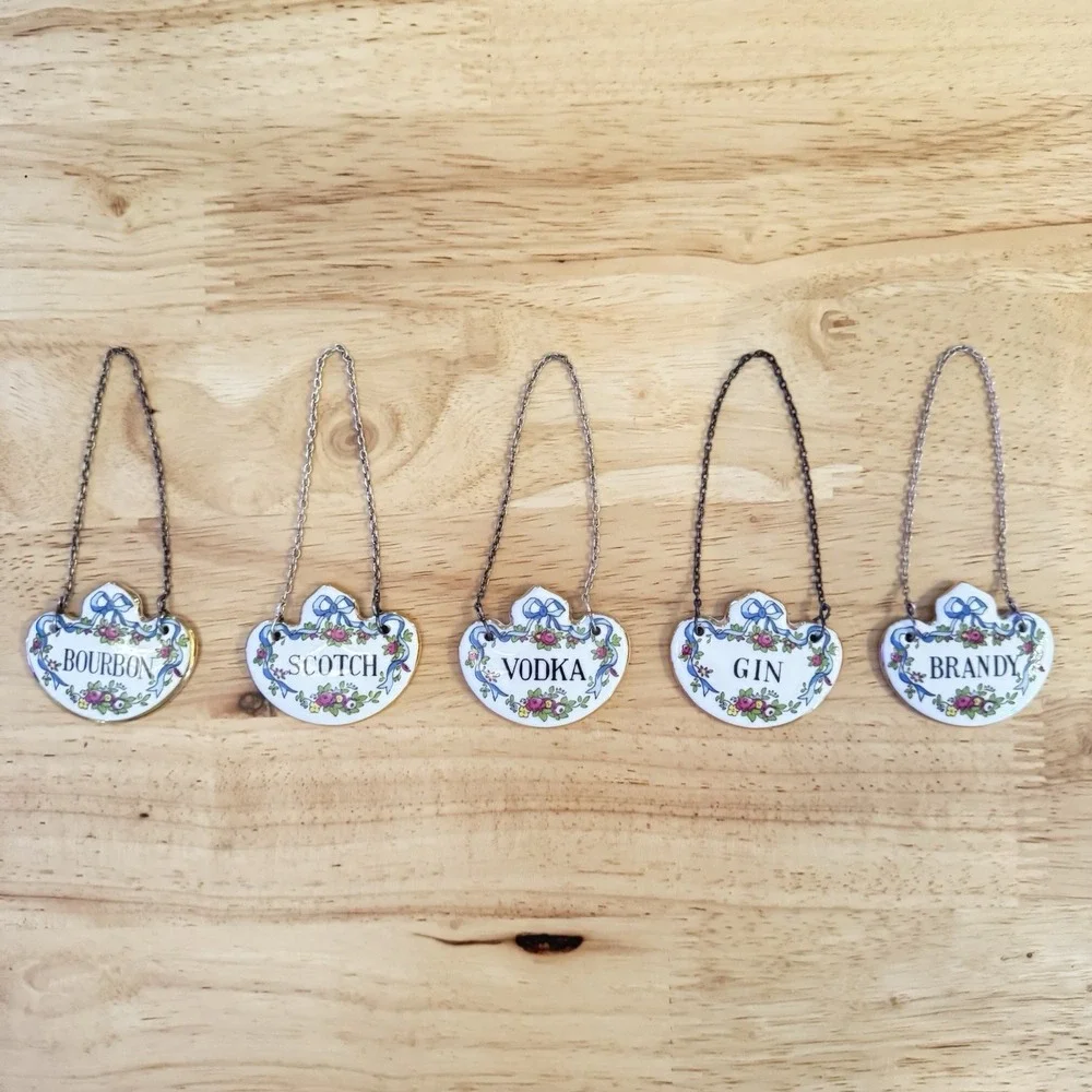 Set Of 5 Vintage Crown Staffordshire England Bone China Bottle Decanter Tags Bow